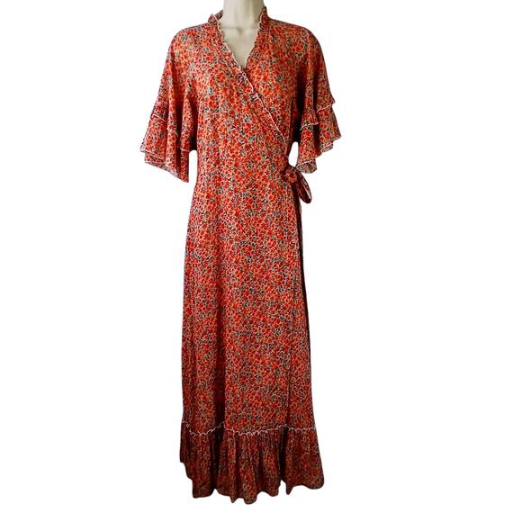 M.A.B.E SZ L Tiered Floral Maxi Wrap Dress Metallic Throughout Orange Blue Gold - Picture 2 of 5